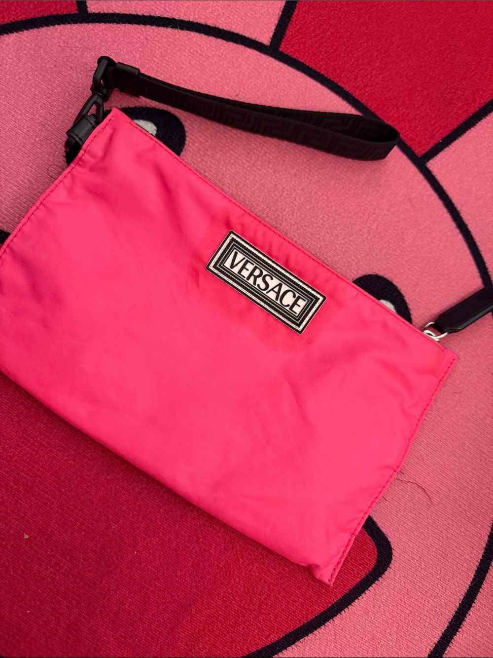 Versace Hot Pink Wristlet Crossbody Bag with Black Strap